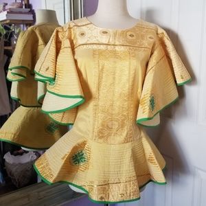 Vintage Gold Yellow Brocade African Peplum Blouse